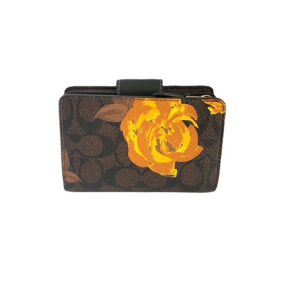 Coach CCL69 Medium Corner Zip Signature Floral Print Bifold Wallet Walnut Black - Picture 4 of 8